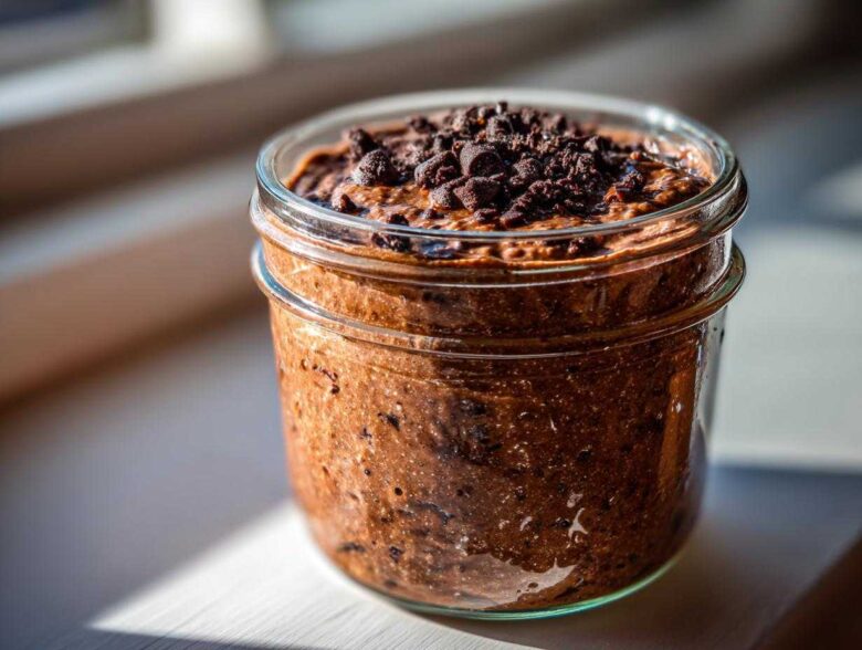 A close-up of rich chocolate overnight oats topped with mini chocolate chips in a clear glass jar.