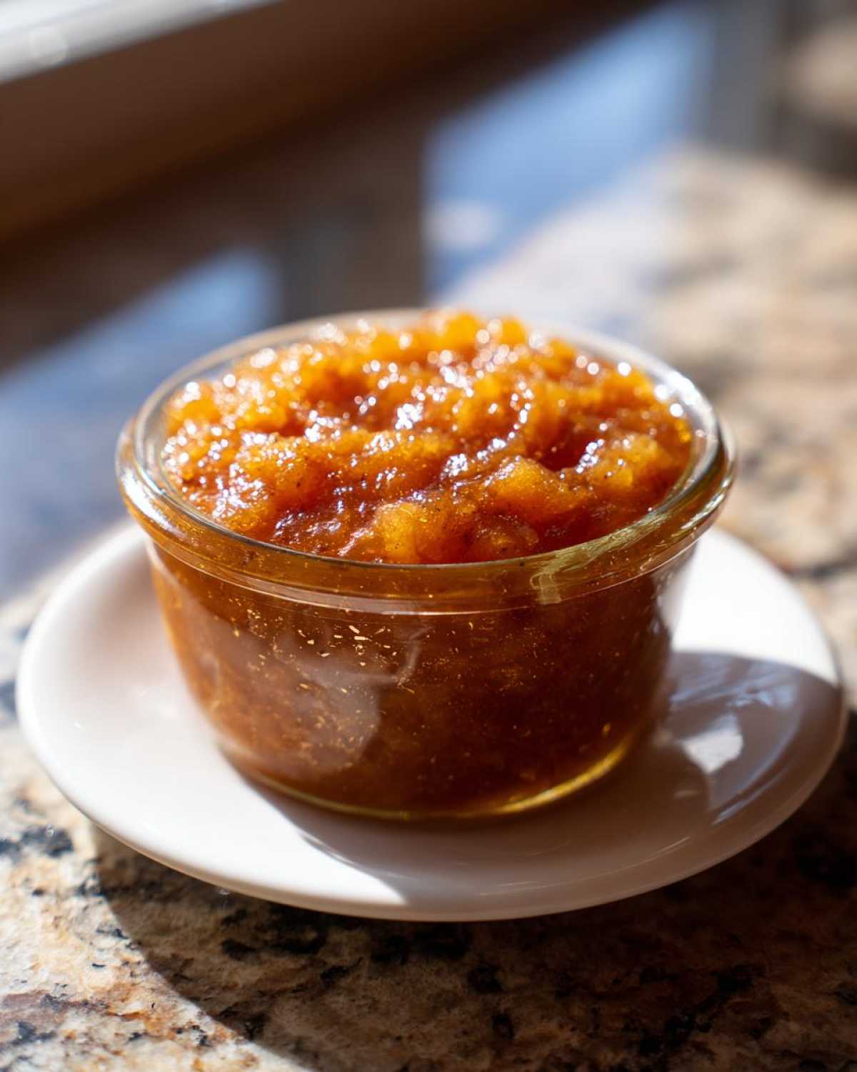 A close-up of chunky, dark amber homemade applesauce served in a small glass ramekin on a white saucer.