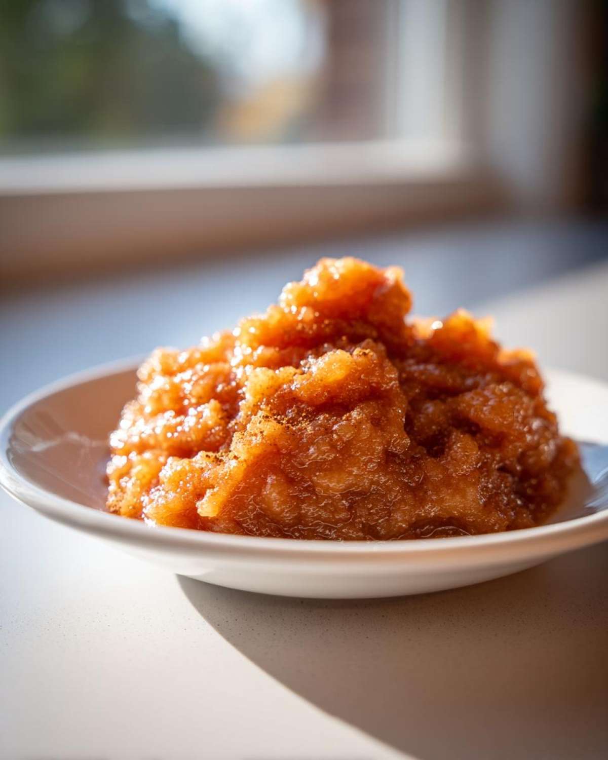 A mound of chunky, caramelized applesauce sprinkled with cinnamon served in a white bowl bathed in bright sunlight.