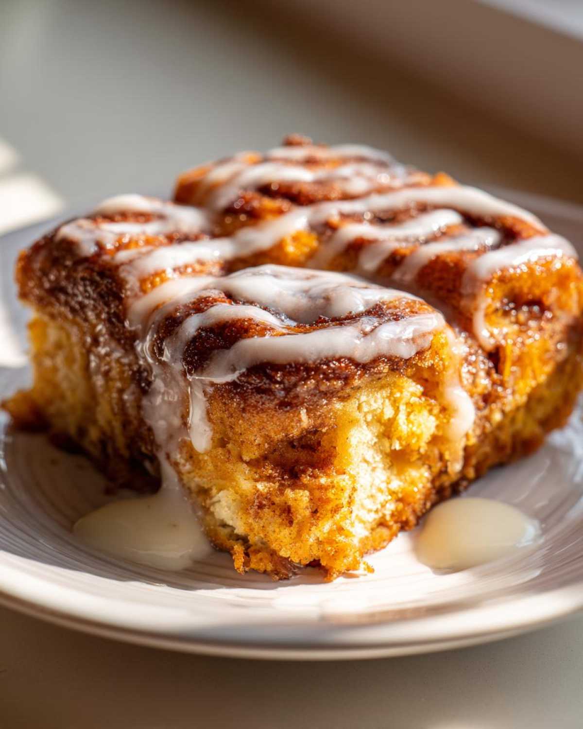 A close-up of two servings of warm Cinnamon roll casserole drizzled heavily with white icing.