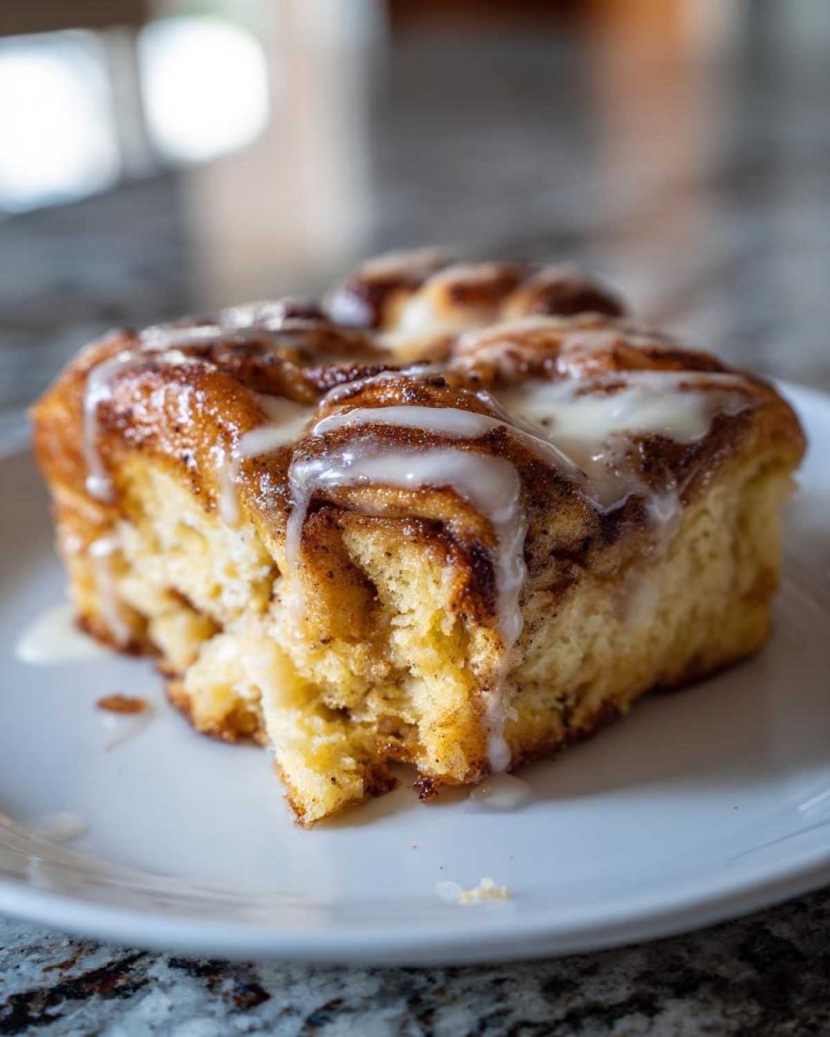 A close-up of a serving of gooey, iced cinnamon roll casserole on a white plate.