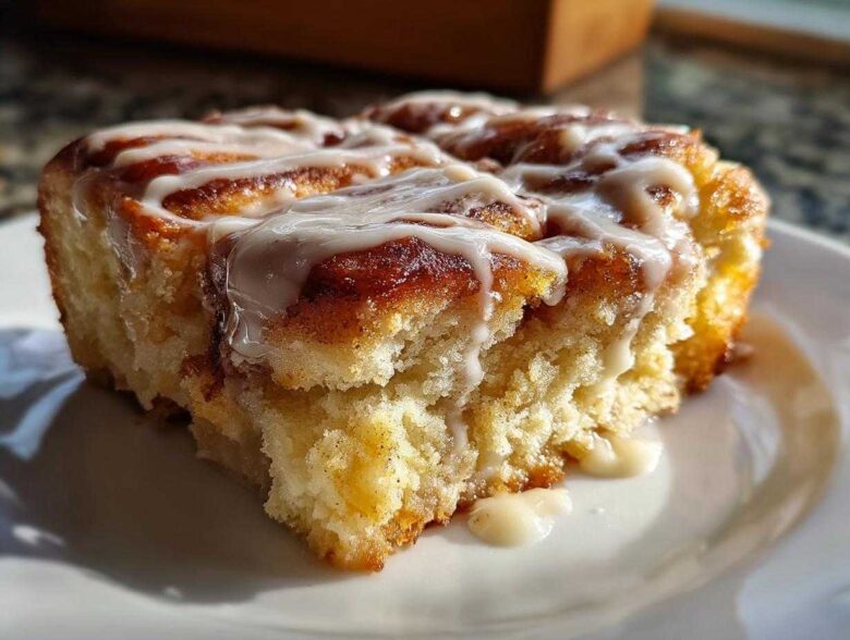 A close-up, sunlit shot of a gooey slice of Cinnamon roll casserole topped with thick white icing.
