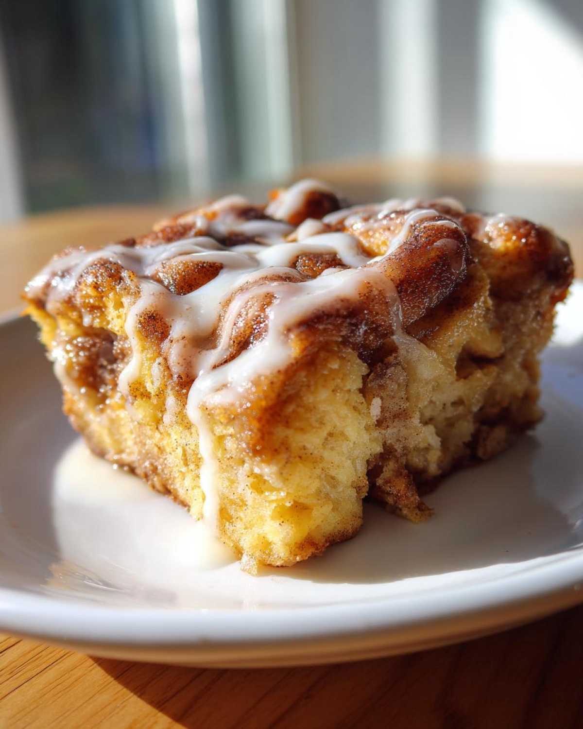 A close-up of a square serving of Cinnamon roll casserole drizzled with white icing on a white plate.