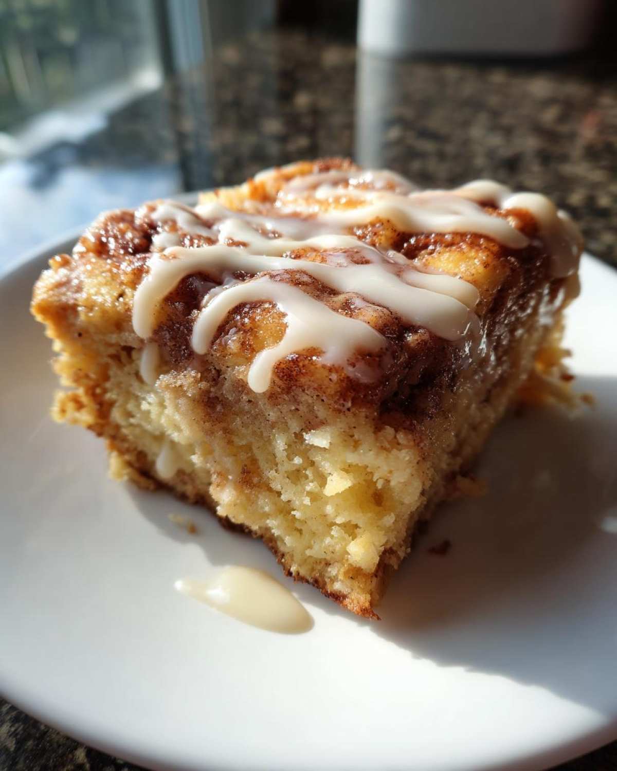 A close-up of a square slice of warm Cinnamon roll casserole topped with thick white icing.