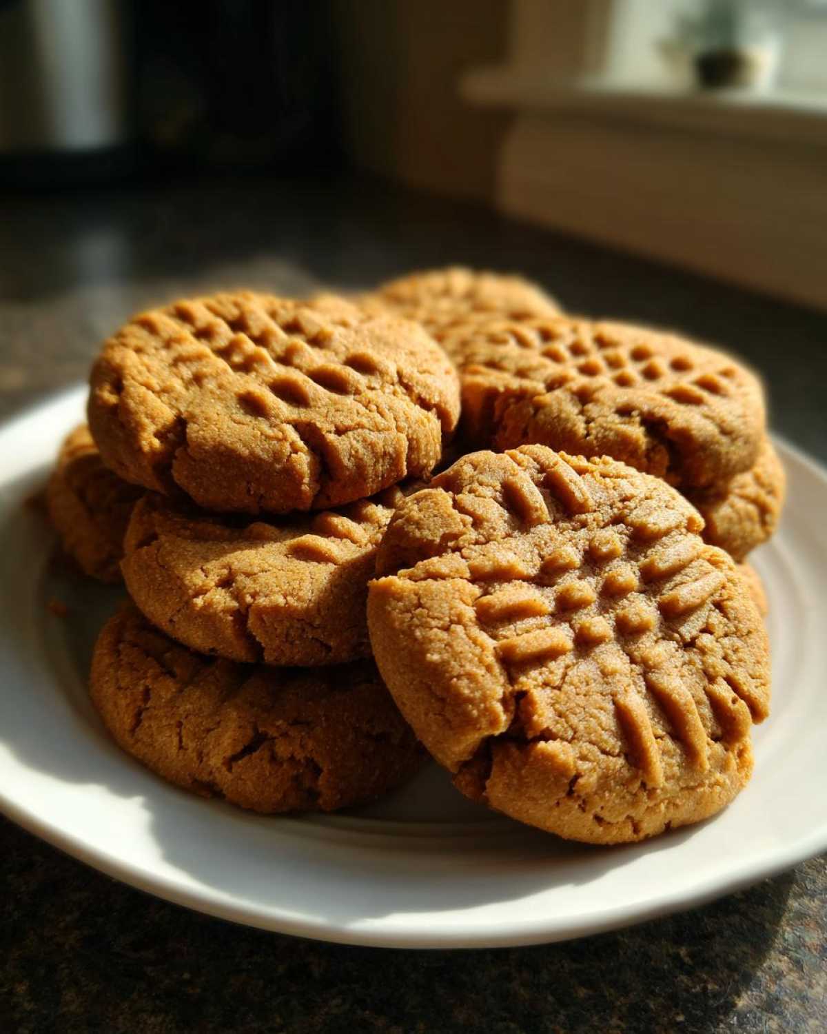 A stack of freshly baked peanut butter cookies with classic crisscross fork marks, sitting on a white plate.