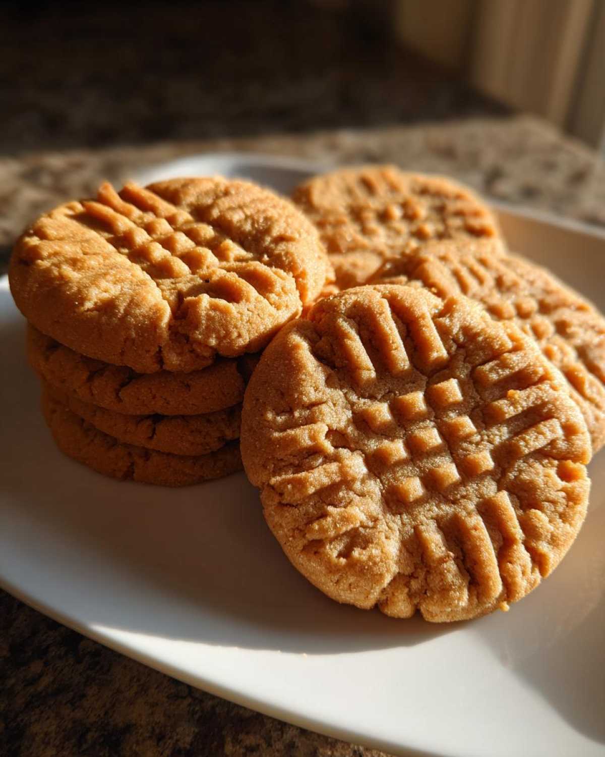 Close-up of several golden brown peanut butter cookies stacked and spread on a white plate, showing classic crisscross fork marks.