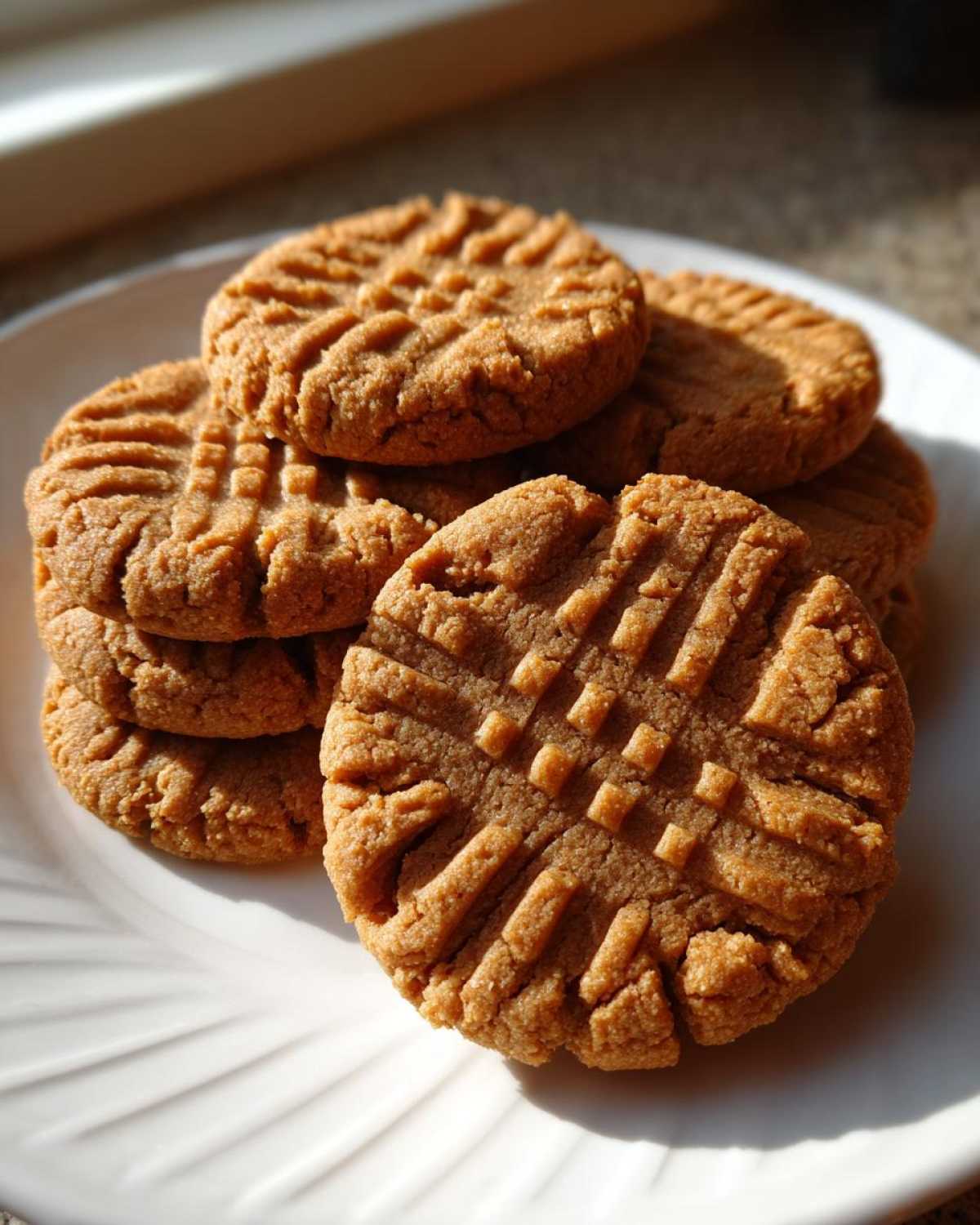 A stack of freshly baked peanut butter cookies featuring the classic criss-cross fork marks, resting on a white plate.