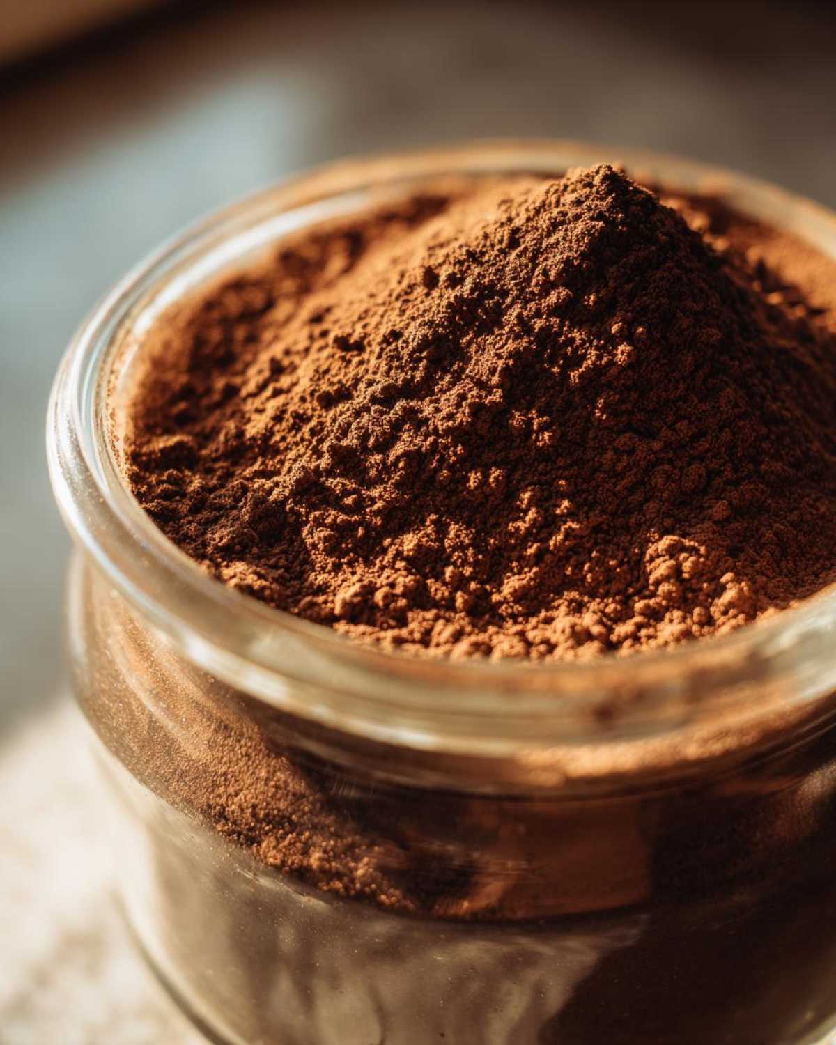 A close-up, macro shot of rich brown hot cocoa mix powder mounded high in a clear glass jar.