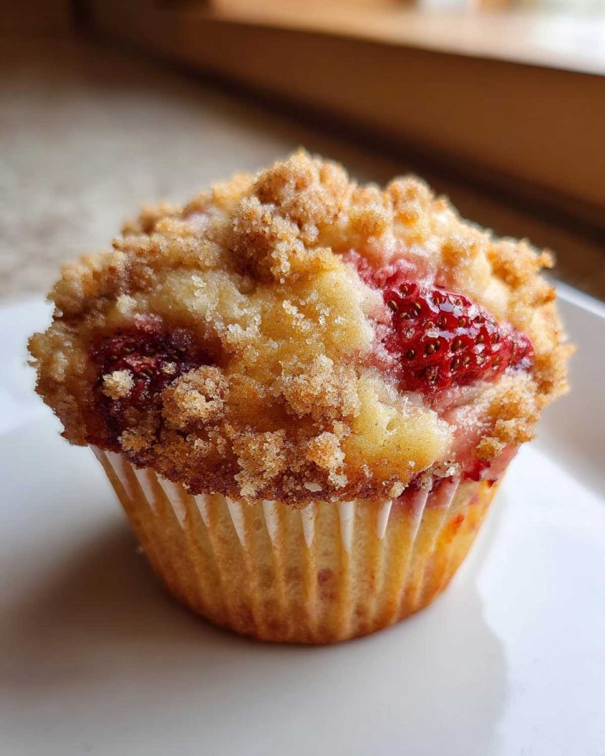 A close-up of a freshly baked strawberry muffins topped with a generous layer of golden brown streusel crumb topping.