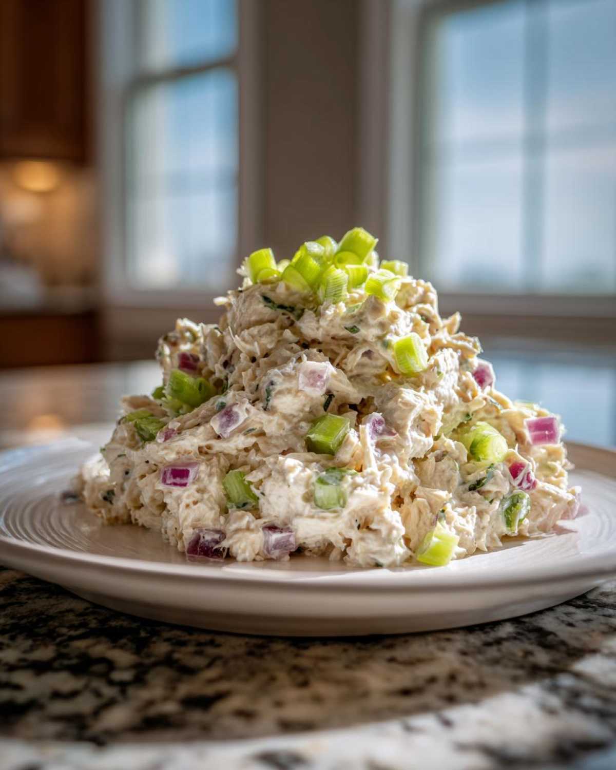 A generous mound of creamy cottage cheese chicken salad mixed with red onion and celery, topped with sliced green onions.