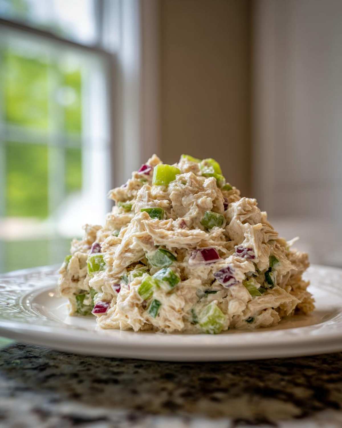 A mound of creamy cottage cheese chicken salad mixed with visible chunks of green celery and red onion, served on a white plate.