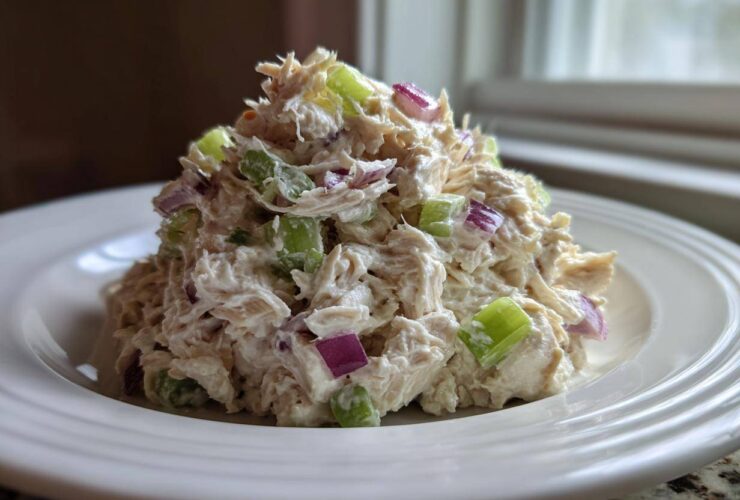 A mound of creamy cottage cheese chicken salad mixed with bright green celery and purple red onion chunks, served on a white plate.