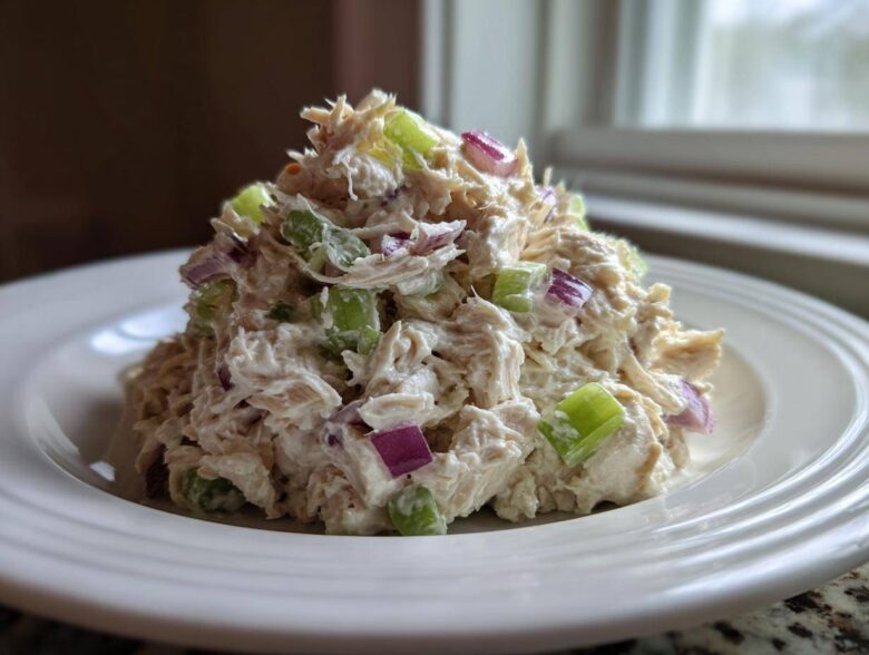 A mound of creamy cottage cheese chicken salad mixed with bright green celery and purple red onion chunks, served on a white plate.