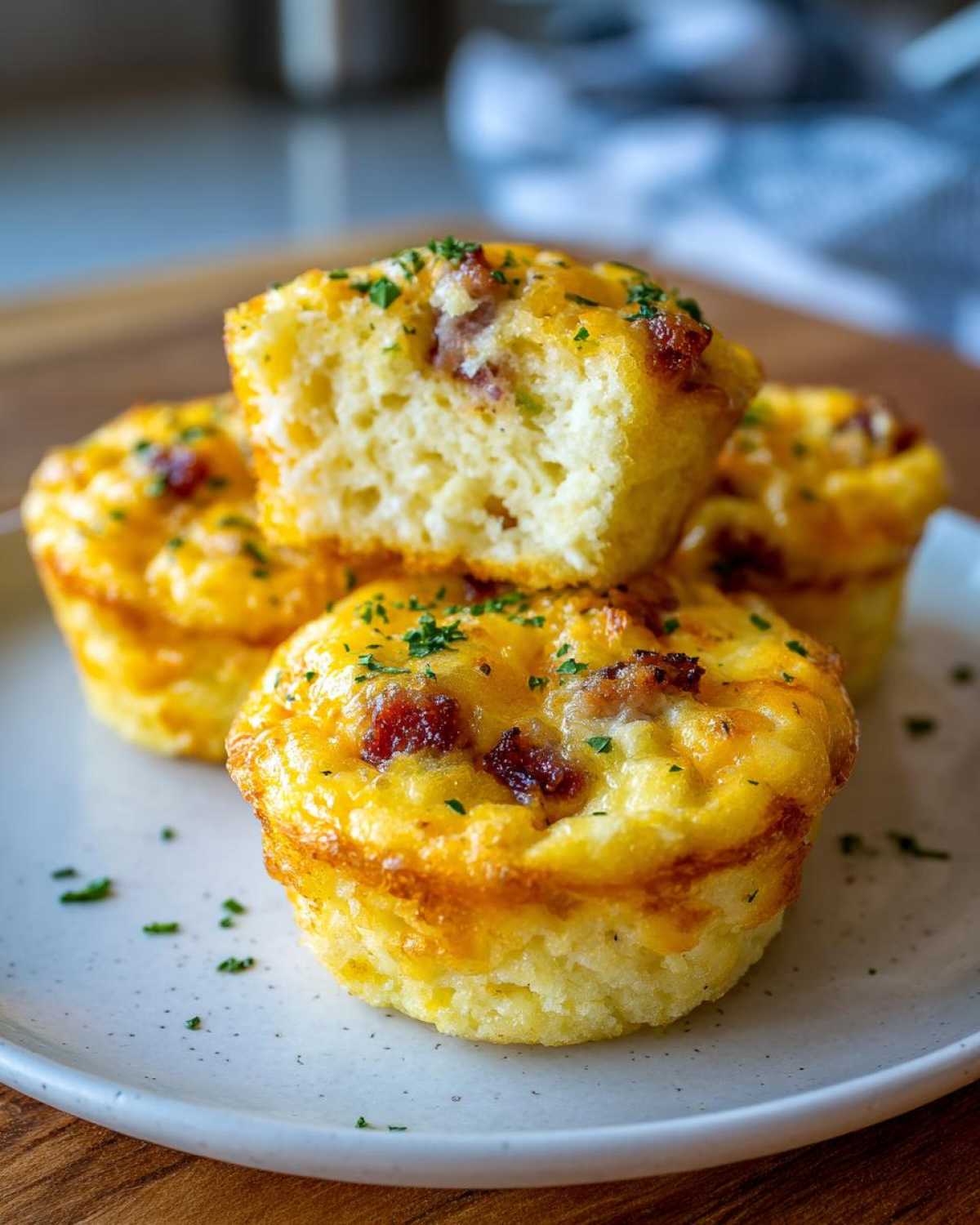 Close-up of fluffy cottage cheese egg cups starbucks style, topped with melted cheese and bacon bits, garnished with parsley.