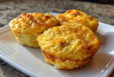 Three golden brown cottage cheese egg cups starbucks style served on a white rectangular plate.