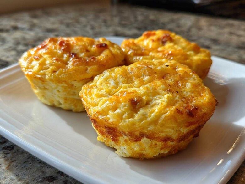 Three golden brown cottage cheese egg cups starbucks style served on a white rectangular plate.