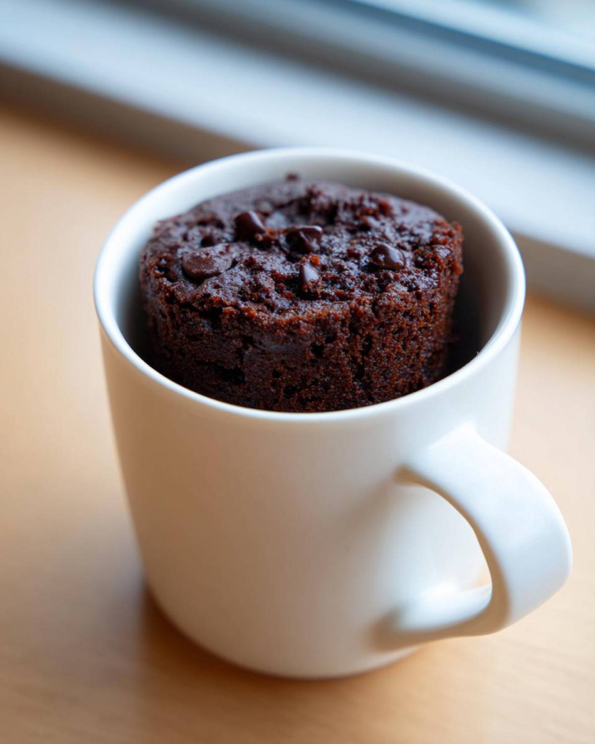 A freshly baked Cottage Cheese Microwave Brownie topped with chocolate chips, sitting inside a white ceramic mug.