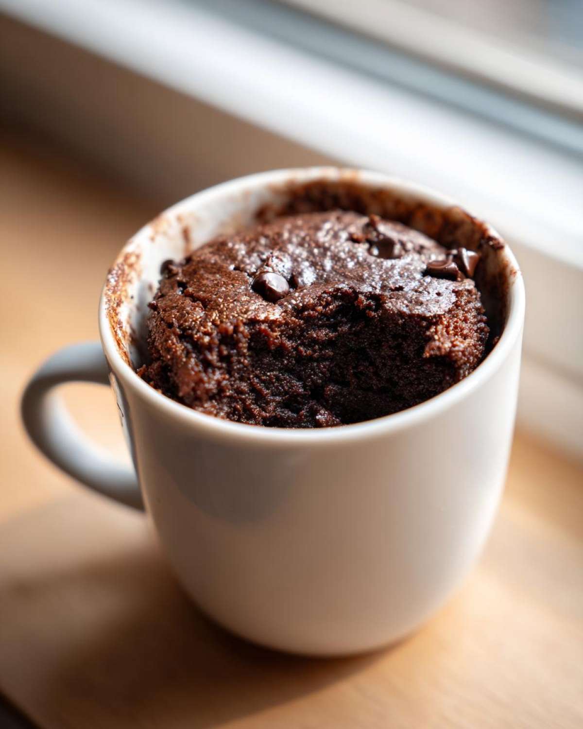 A rich, dark chocolate Cottage Cheese Microwave Brownie baked inside a white mug, topped with chocolate chips.
