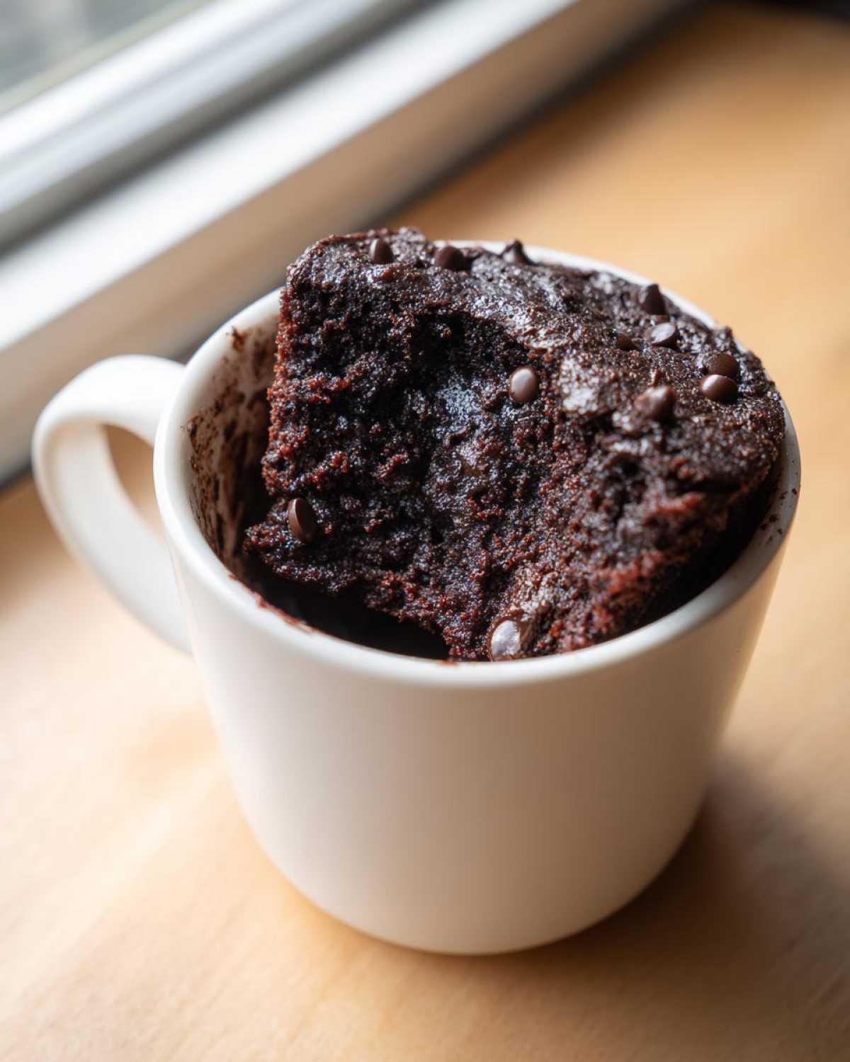 Close-up of a rich, dark chocolate Cottage Cheese Microwave Brownie topped with chocolate chips in a white mug.