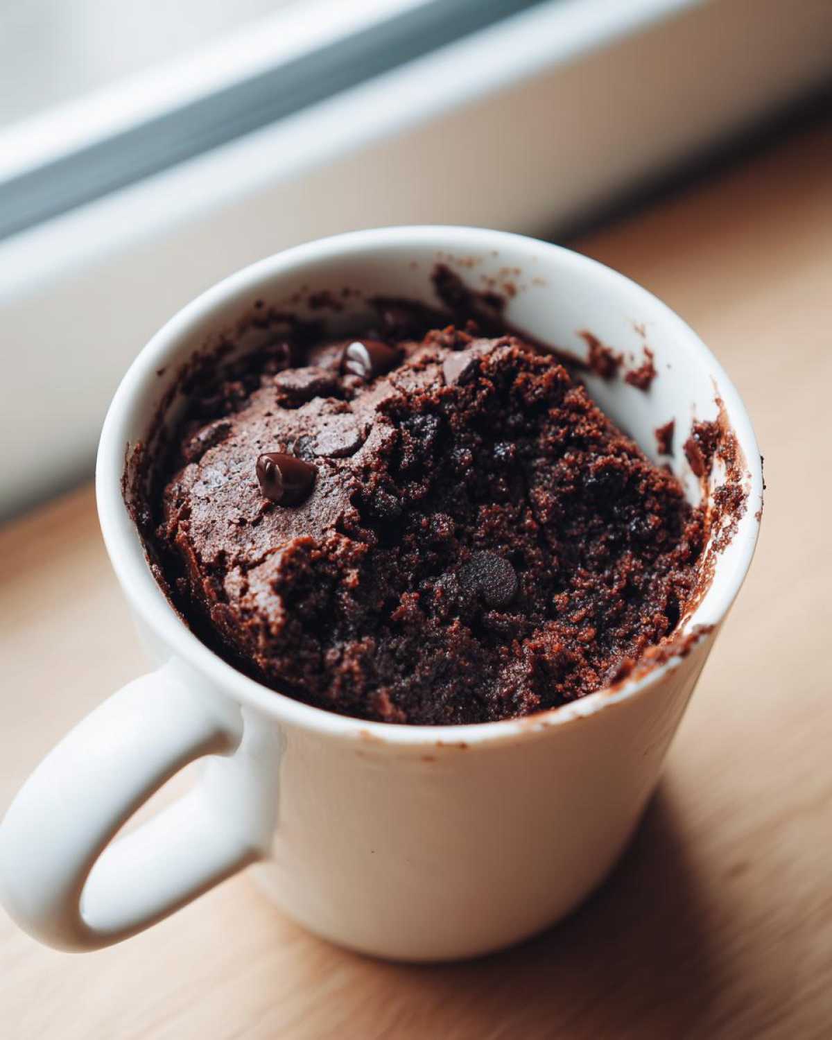 Close-up of a rich, dark chocolate Cottage Cheese Microwave Brownie baked inside a white mug.