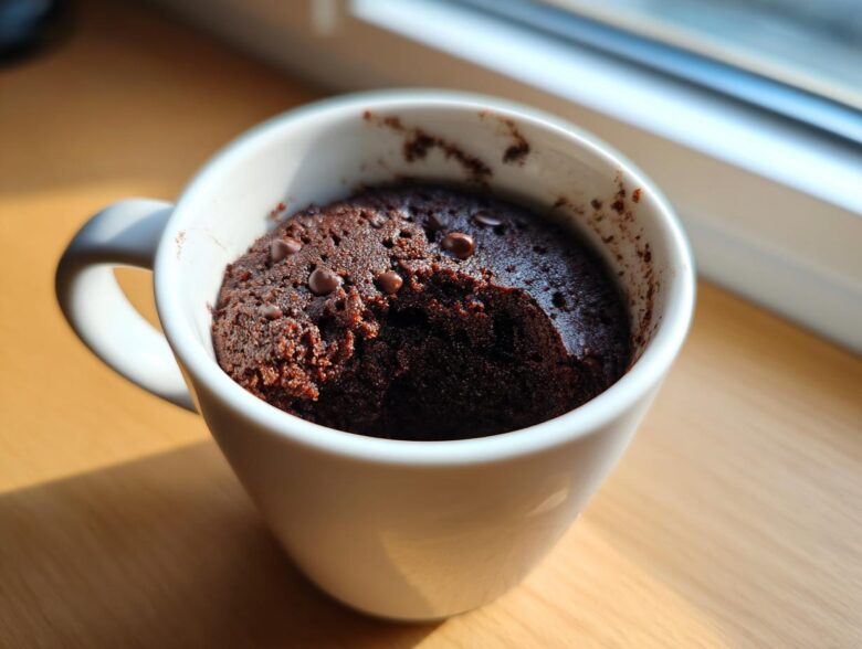 A rich, dark Cottage Cheese Microwave Brownie baked inside a white mug, topped with chocolate chips.