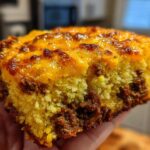 Close-up of a moist slice of cowboy cornbread casserole showing yellow cornbread texture and savory meat filling.