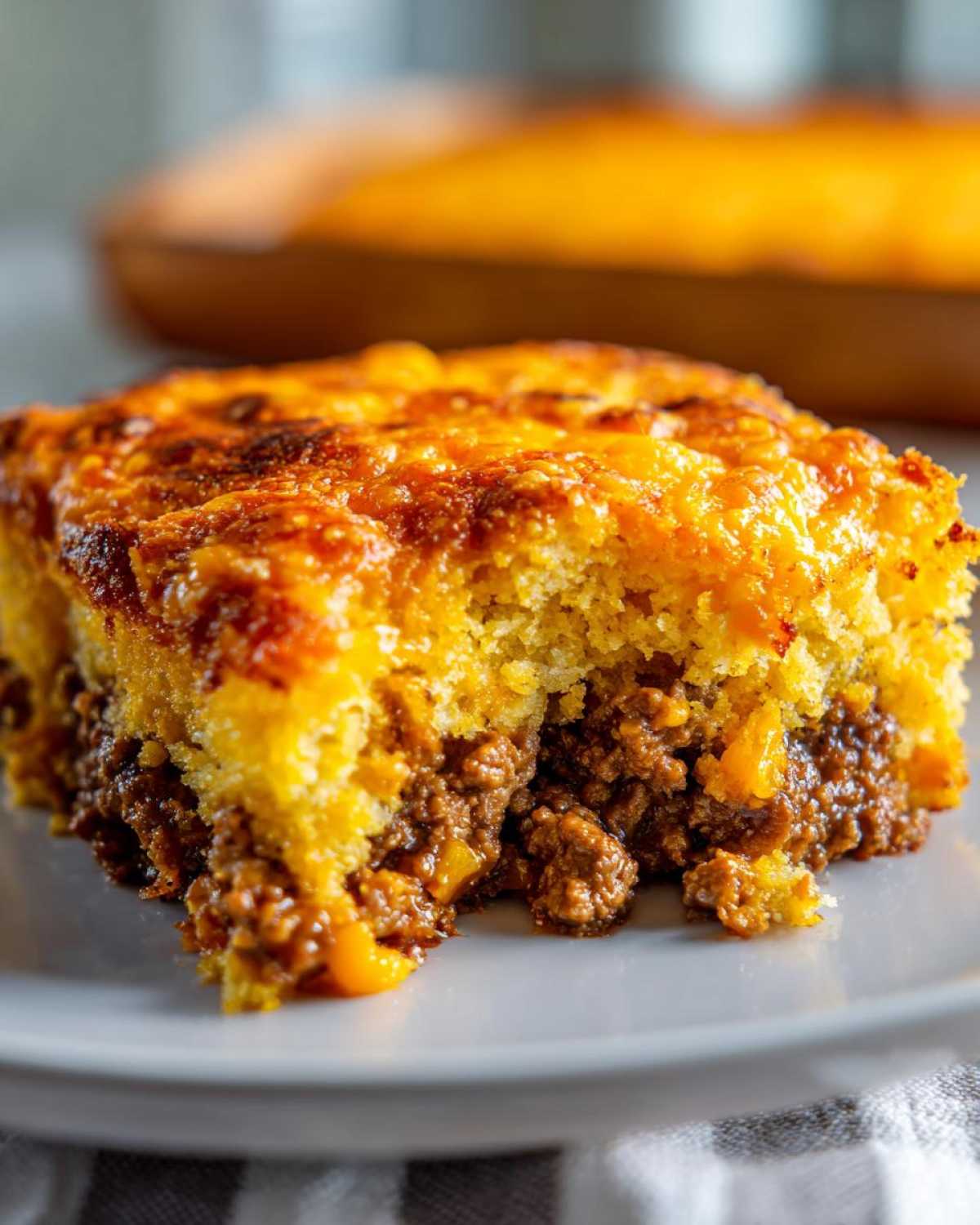 Close-up of a serving of cowboy cornbread casserole showing the savory meat filling and golden, cheesy cornbread topping.