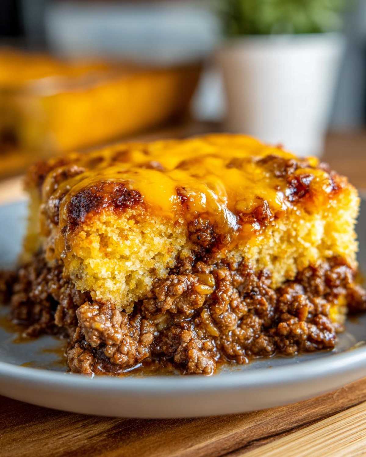 A close-up serving of cowboy cornbread casserole featuring a thick layer of seasoned ground beef topped with melted cheddar cheese.