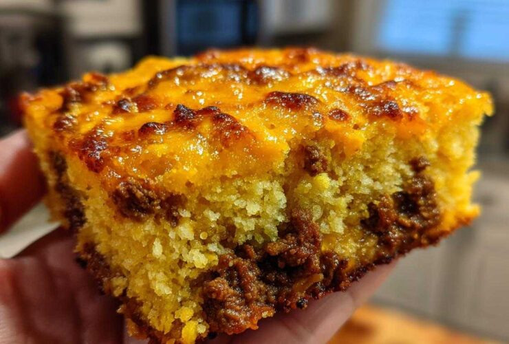 Close-up of a moist slice of cowboy cornbread casserole showing yellow cornbread texture and savory meat filling.