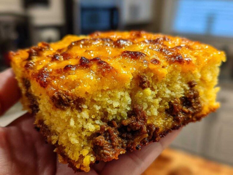 Close-up of a moist slice of cowboy cornbread casserole showing yellow cornbread texture and savory meat filling.