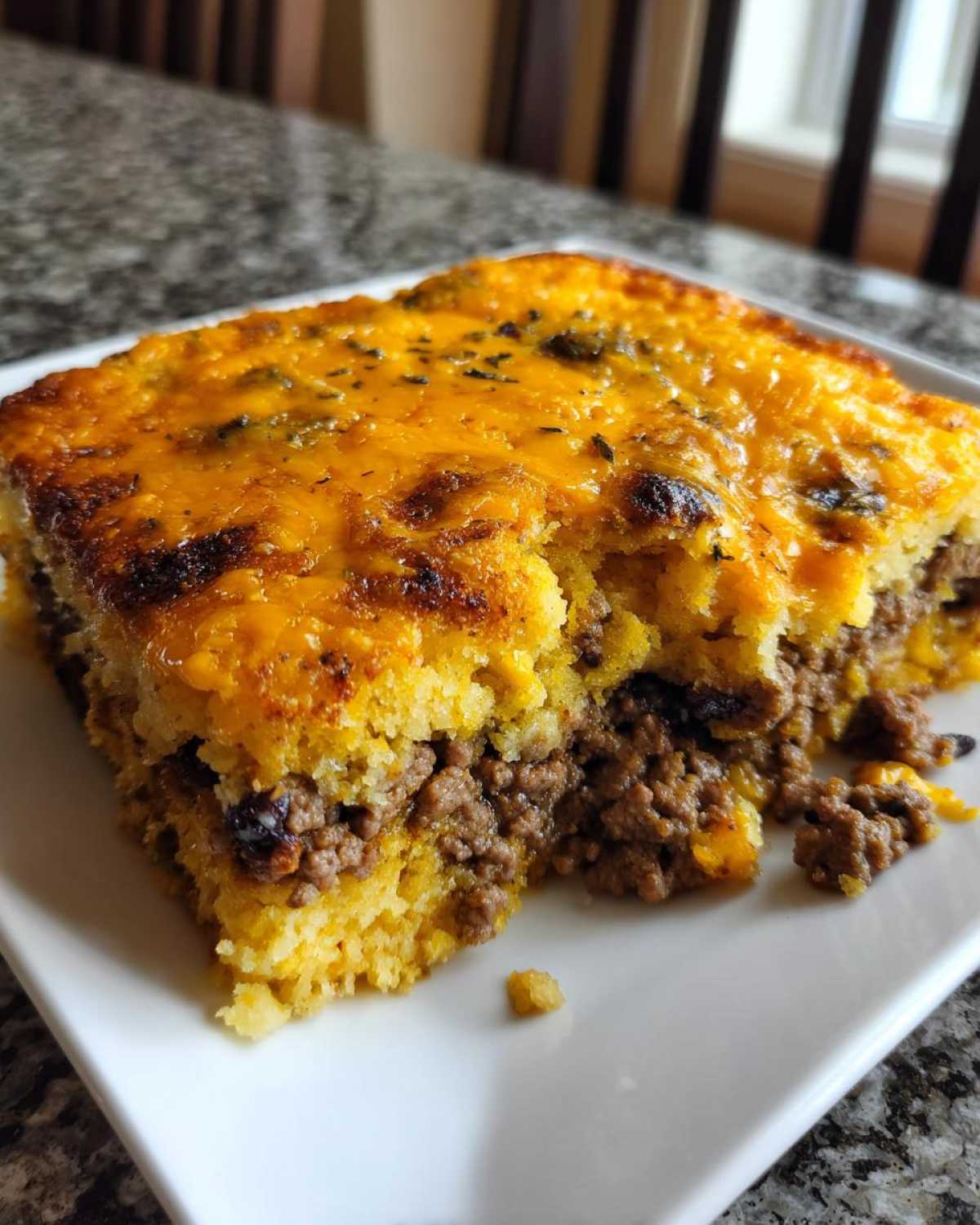 A close-up of a square slice of cowboy cornbread casserole with a cheesy, browned top layer.