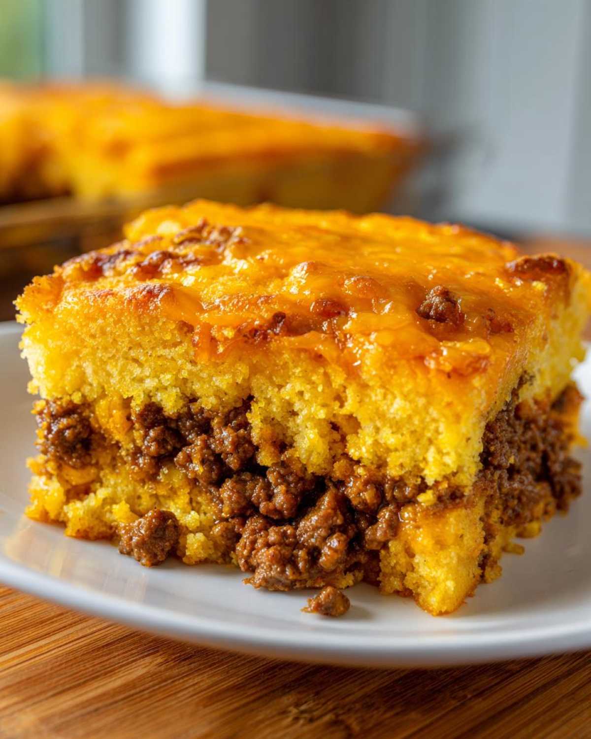 A close-up slice of cowboy cornbread casserole showing a layer of seasoned ground meat between two layers of golden cornbread topped with melted cheese.