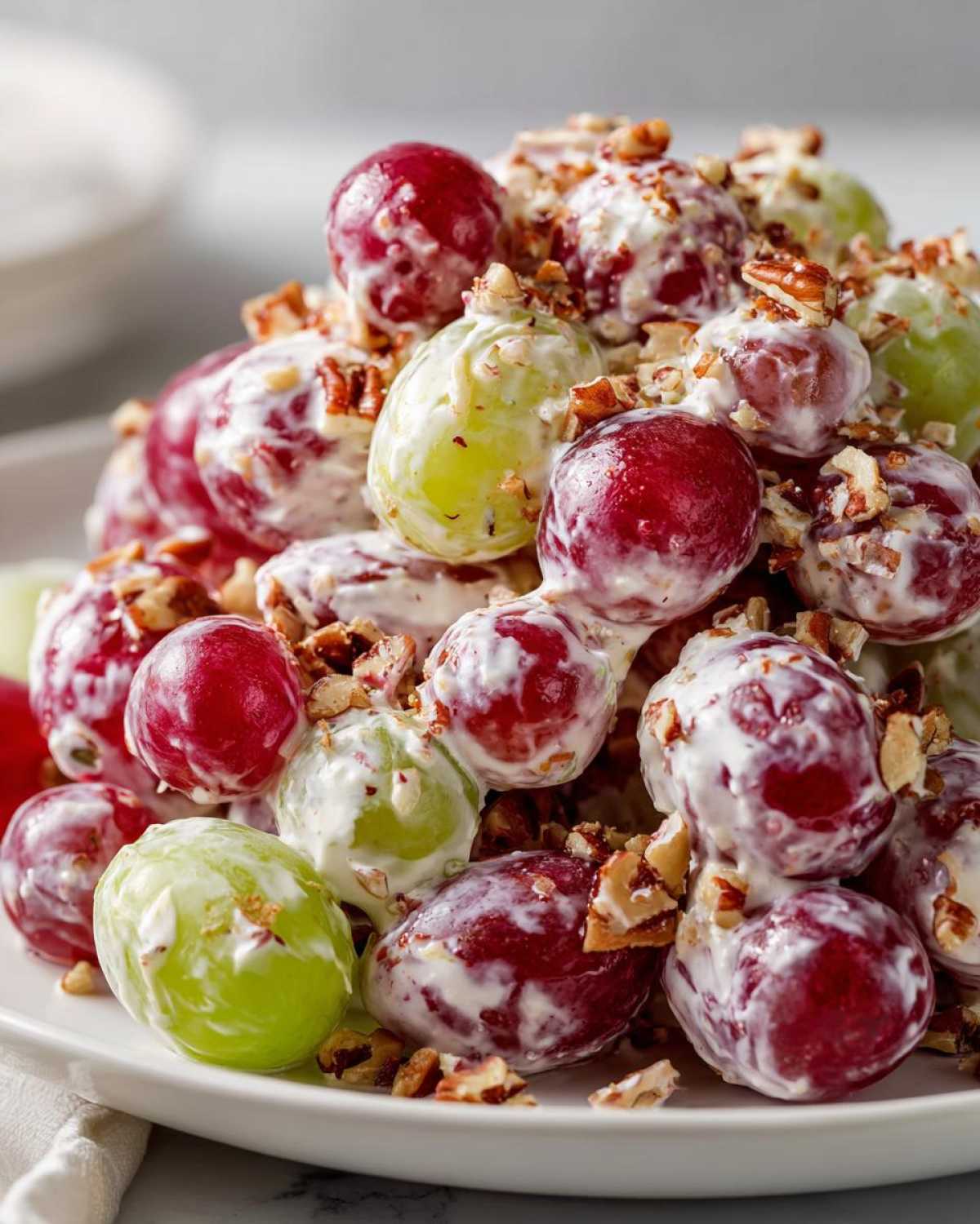 Close-up of creamy chicken salad chick grape salad featuring red and green grapes coated in a sweet dressing and topped with chopped pecans.