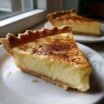 Close-up of a slice of creamy egg custard pie dusted with cinnamon on a white plate.