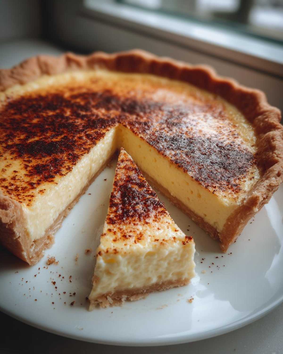 A slice of creamy egg custard tart with a browned, spiced top, resting on a white plate next to the rest of the tart.