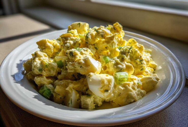A white bowl filled with creamy, yellow egg salad recipe, featuring chunks of egg and green celery, highlighted by natural light.