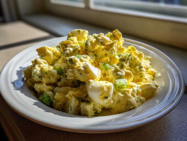 A white bowl filled with creamy, yellow egg salad recipe, featuring chunks of egg and green celery, highlighted by natural light.