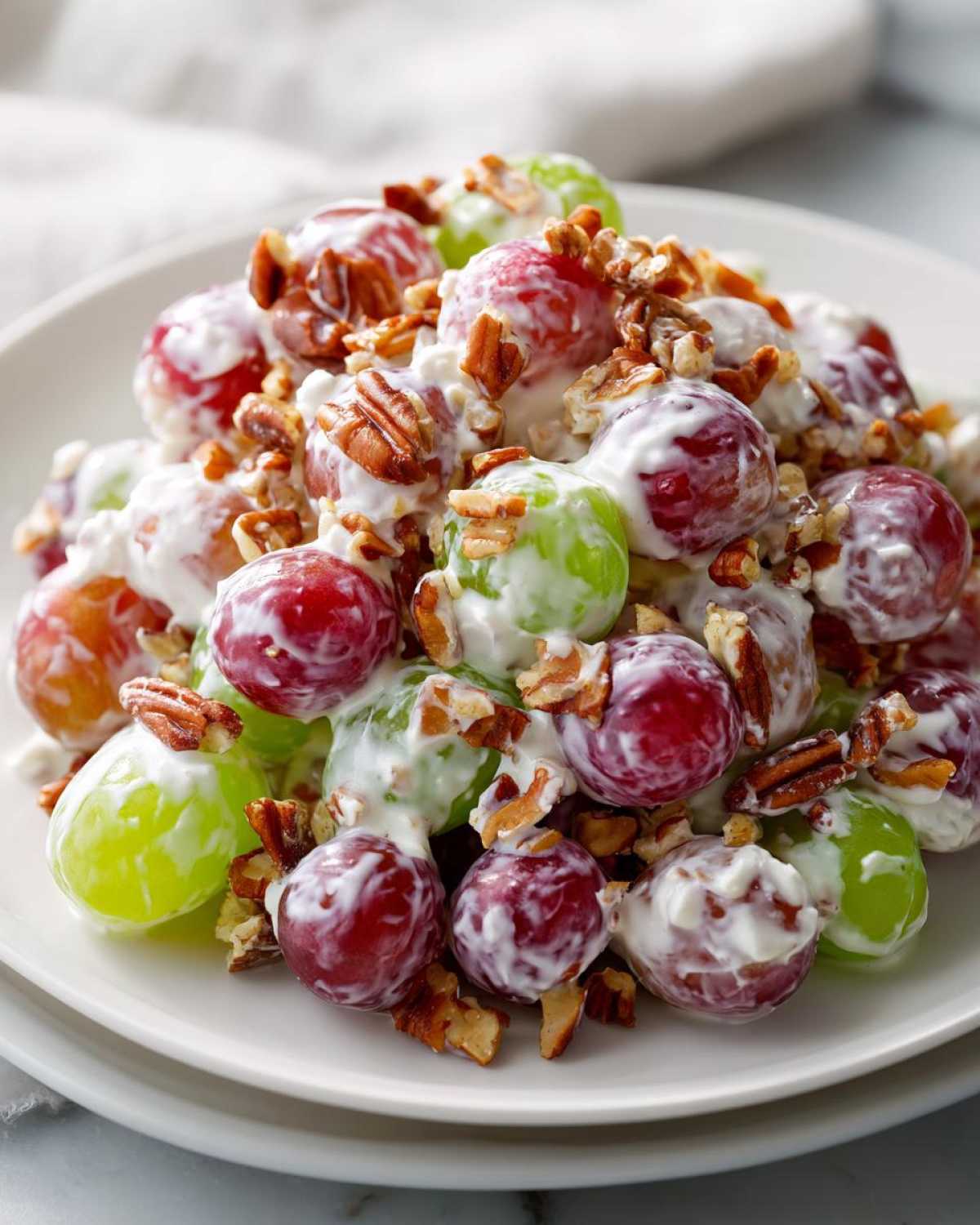 Close-up of creamy grape salad mixed with red and green grapes, topped with chopped pecans, reminiscent of chicken salad chick grape salad.