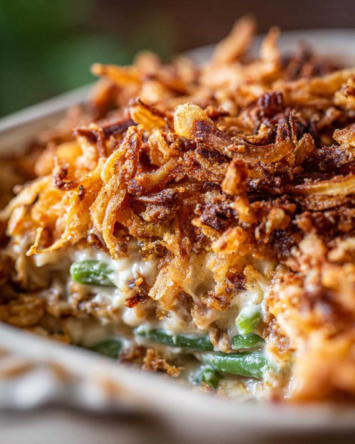 Macro shot showing the layers of a creamy green bean casserole topped with a thick layer of crispy fried onions.