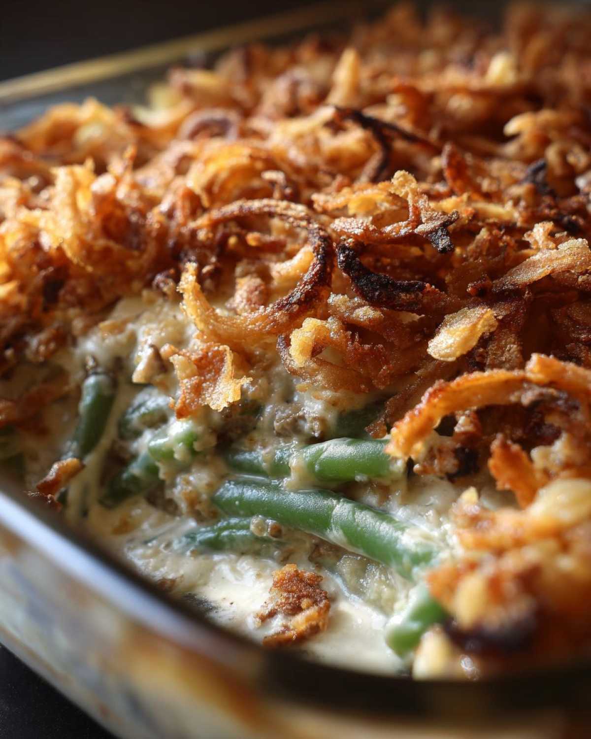 Close-up view of a creamy green bean casserole topped generously with crispy fried onions.