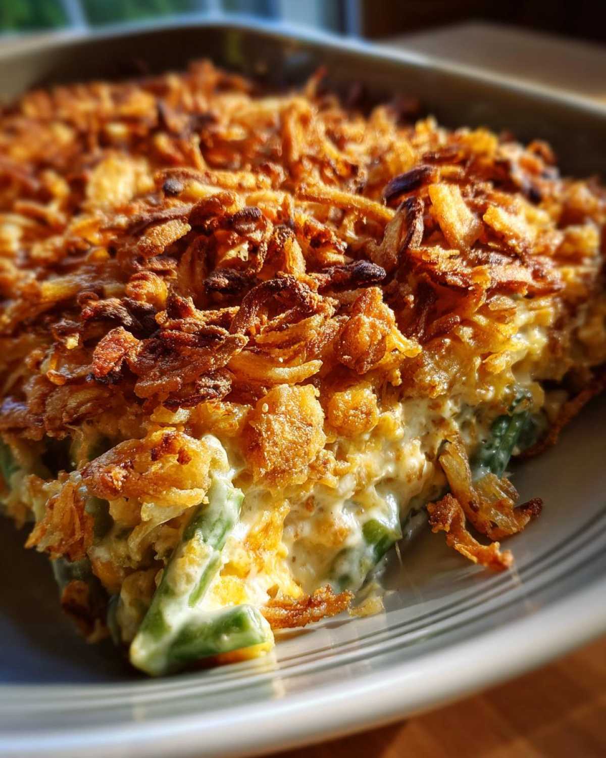 A close-up shot showing a serving of creamy green bean casserole topped with a thick layer of crispy fried onions.