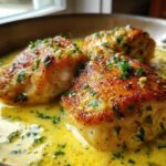 Three pieces of pan-seared creamy lemon chicken resting in a bright yellow lemon cream sauce, garnished with parsley.