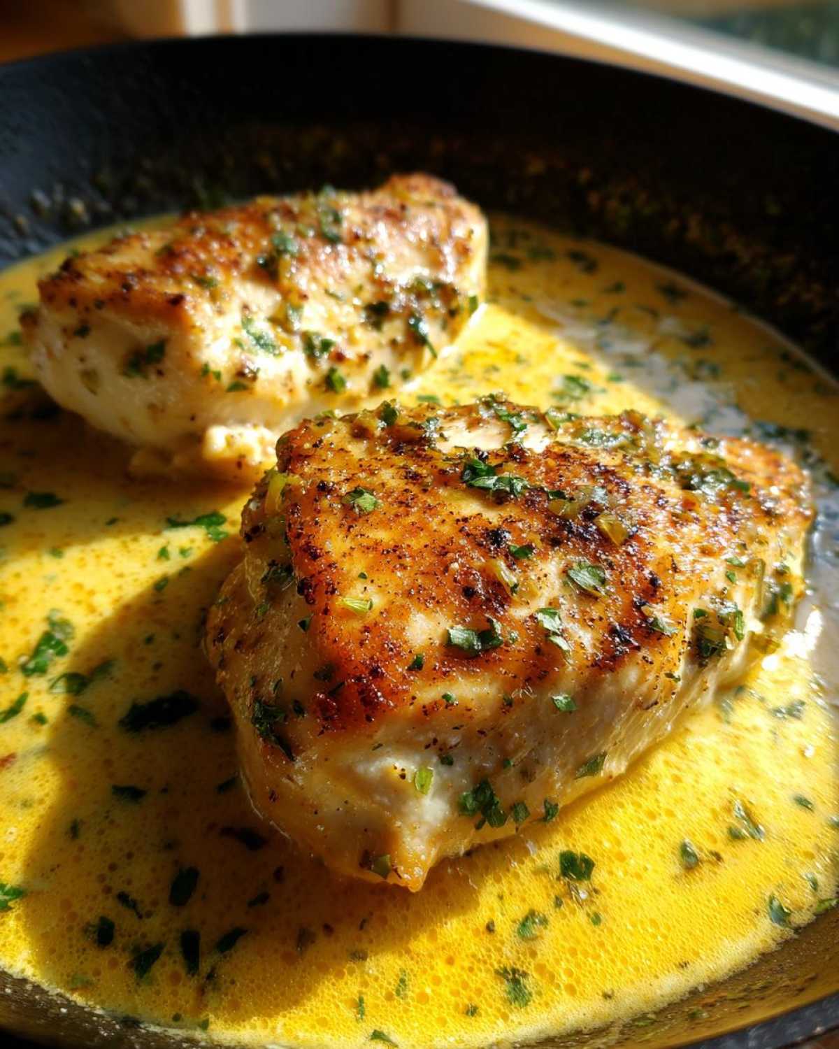 Two golden-brown chicken breasts simmering in a rich, yellow creamy lemon chicken sauce, garnished with fresh parsley.