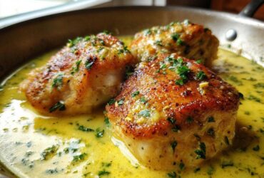 Three pieces of pan-seared creamy lemon chicken resting in a bright yellow lemon cream sauce, garnished with parsley.