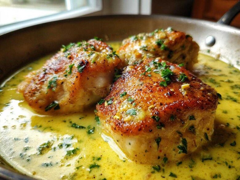 Three pieces of pan-seared creamy lemon chicken resting in a bright yellow lemon cream sauce, garnished with parsley.