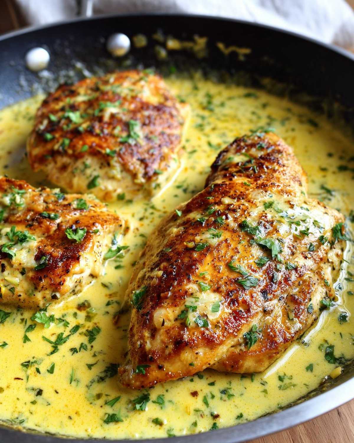 Three golden-brown chicken breasts simmering in a rich, yellow creamy lemon chicken sauce, topped with fresh parsley.