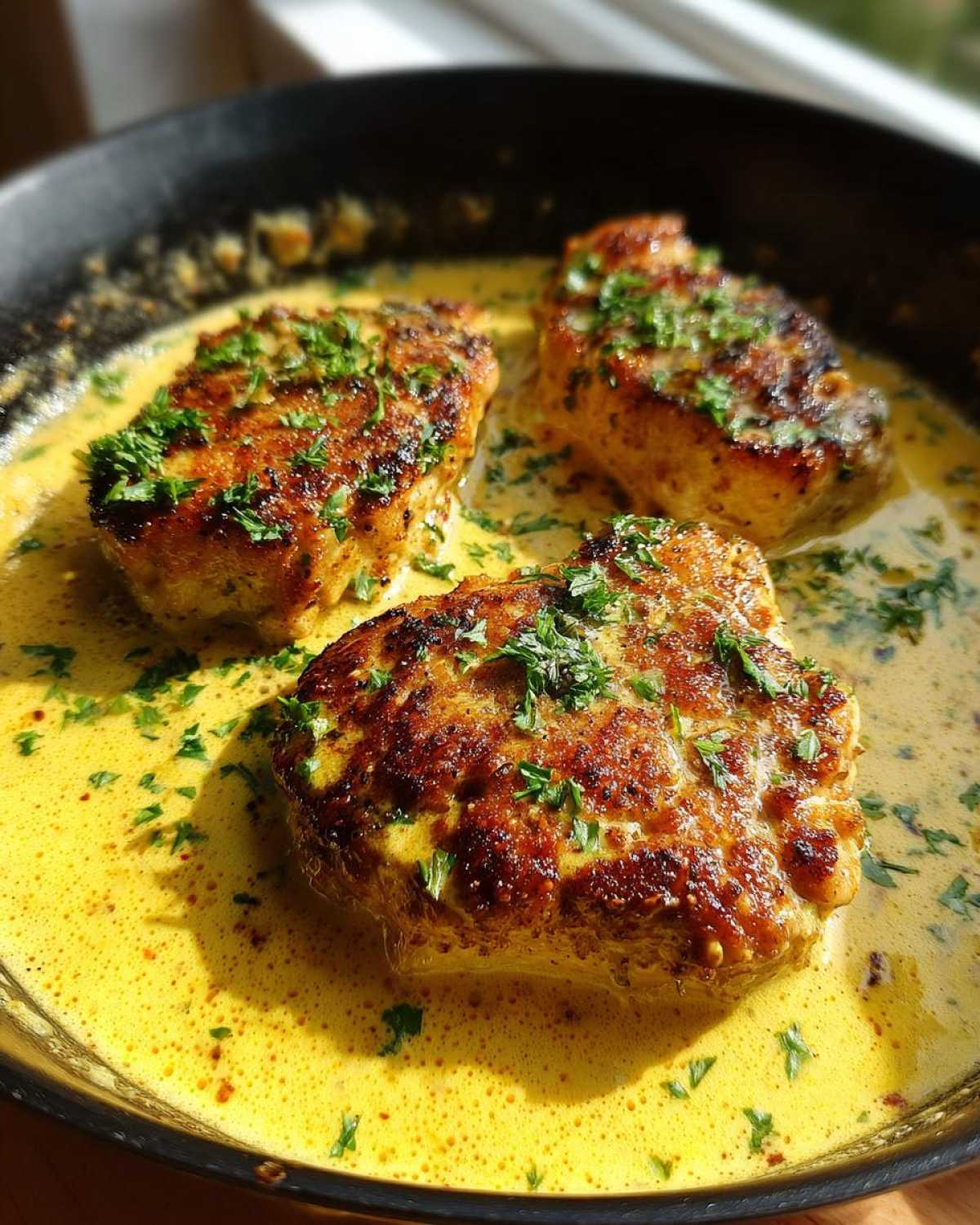 Three golden-brown pieces of creamy lemon chicken simmering in a rich, bright yellow lemon cream sauce, topped with parsley.