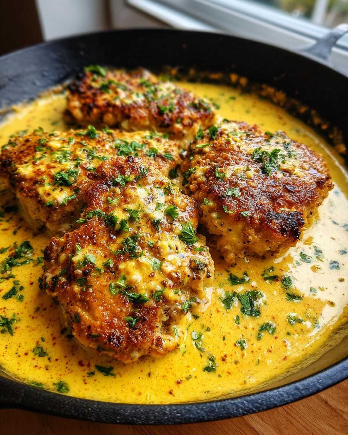 Three golden-brown pieces of creamy lemon chicken simmering in a rich, yellow lemon cream sauce, garnished with parsley.