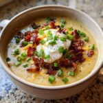 A close-up of a bowl of creamy loaded baked potato soup topped with sour cream, bacon bits, cheese, and green onions.