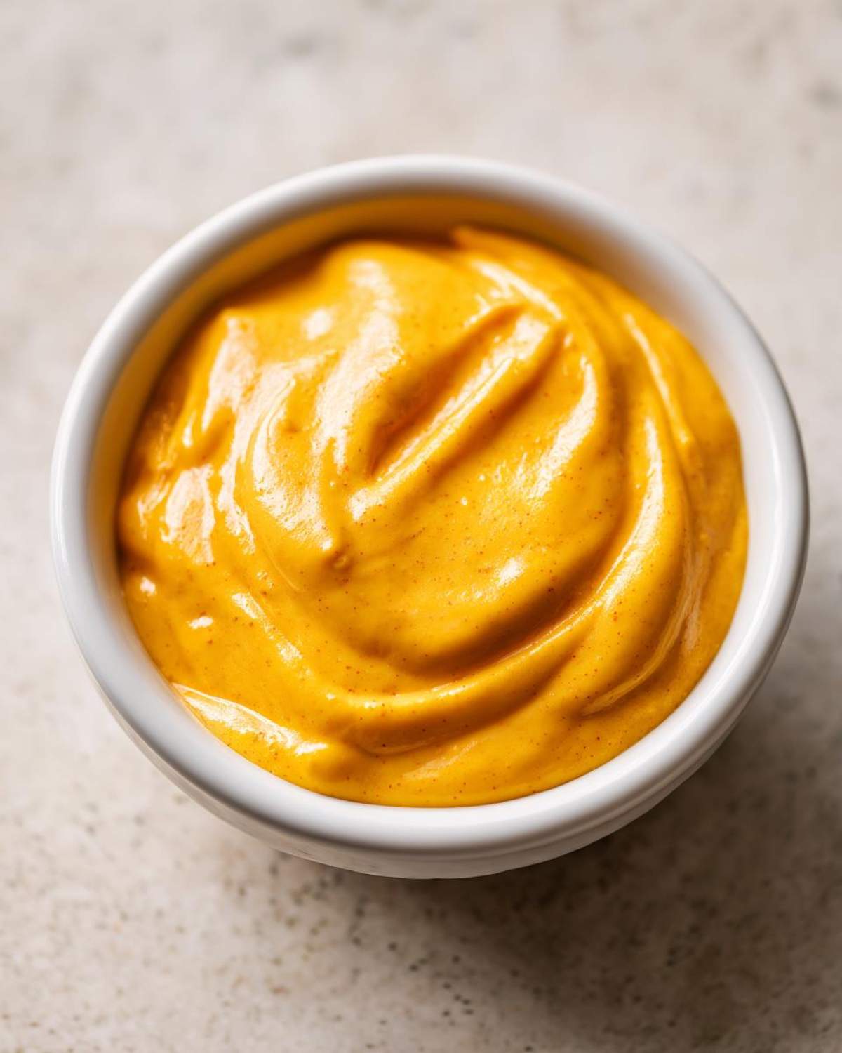 Close-up of thick, vibrant orange nacho cheese sauce swirled in a small white dipping bowl.